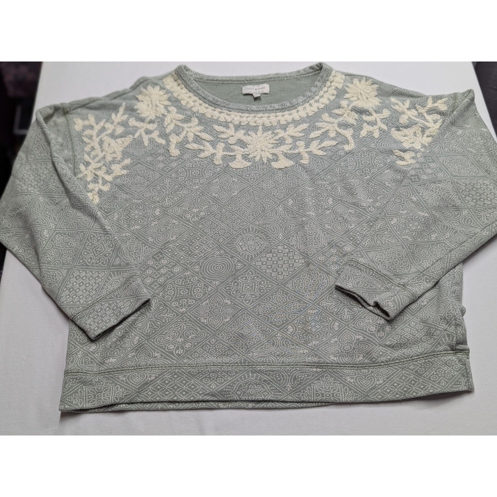 Lucky Brand Womens Sage Green Embroidered Floral Geometric Sweatshirt Medium